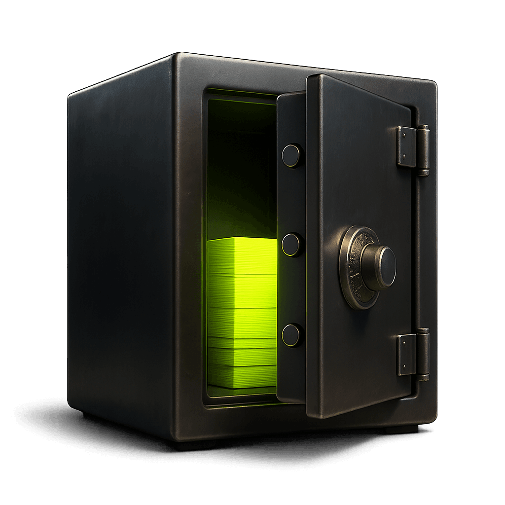 A matte black vault holding stacked lime and white cards — the R&H 500 treasury